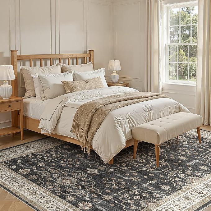 Area Rug for Living Room - 9x12 Soft Washable Oriental Vintage Floral Distressed Large Carpet - Fade Stain Resistant Non Slip Rugs for Bedroom Dining Room Nursery Dorm Office Home Decor - Black
