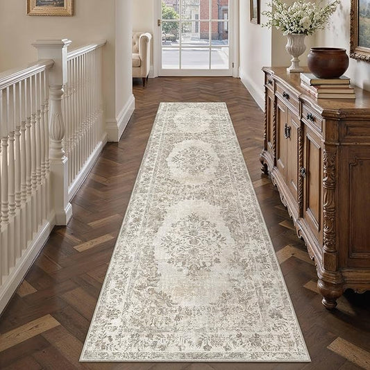 PureCozy 2'6"x10' Runner Rug Beige Washable Hallway Kitchen Bedroom Vintage Distressed Bathroom Non Slip Medallion Floral Carpet Indoor Retro Throw Floor Mat for Office Dining Laundry Living Room
