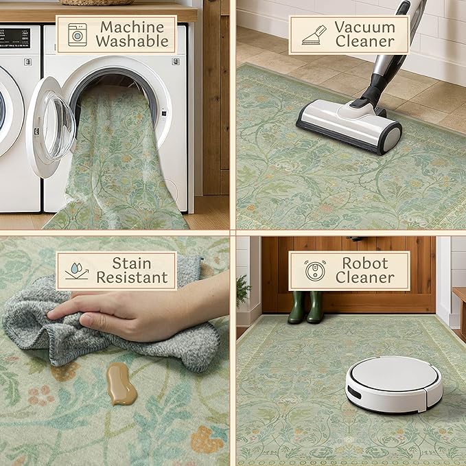 Washable Bathroom Runner Rug 2x5 Non Slip, Sage Green Small Throw Rug for Bedroom Bedside, Entryway, Hallway, Kitchen, Thin Low Pile Cottage Core Pastel Floor Carpet Stain Resistant