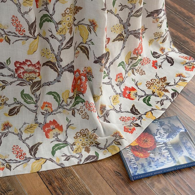 DriftAway Ada Floral Botanical Print Flower Leaf Lined Thermal Insulated Room Darkening Linen Blackout Back Tab Window Curtains 2 Layers Set of 2 Panels Each 52 Inch by 84 Inch Orange Terra Cotta