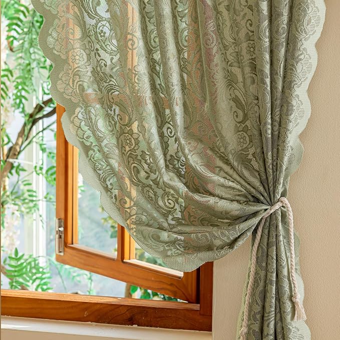 ALIGOGO Sage Green Lace Curtains 63 Inch Length for Bedroom Living Room, Spring Vintage Sheer Green Floral Curtains, Light Filtering Farmhouse Privacy Scalloped Edges, 52 x 63 Inch, 2 Panels