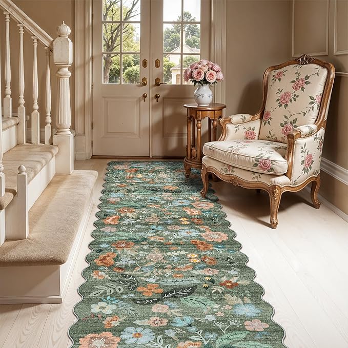 Washable 2x8 Hallway Runner Rug: Water-Resistant Kitchen Rug Soft Bedroom Carpet Non-Slip Indoor Hardwood Floor Mat for Entryway Bathroom Dining Room Boho Decorative Home Decor(2x8, Floral/Green)
