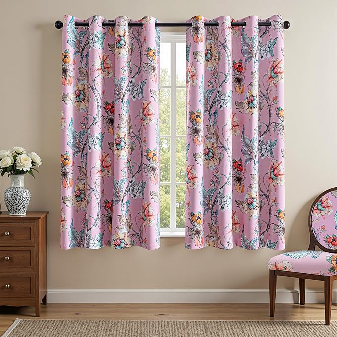MYSKY HOME Floral Pink Blackout Curtains 45 Inch Long 2 Panels Set for Girls Room Thermal Insulated Light Blocking Black Out Drapes Printed Flower Vintage Style Grommet Window Treatments, 52" W