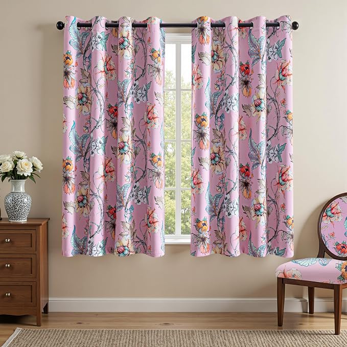 MYSKY HOME 95% Blackout Floral Curtains 72 inches Long Black Out Thermal Insulated Privacy Protect Energy Efficient Vintage Spring Floral Print for Living Room Dining Room, 2 Panels, 52" W, Pink