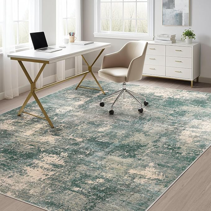 Abstract 10x12 Area Rug: Machine Washable Non Slip Ultra Thin Low-Pile Carpet, Soft Stain Resistant for Living Dining Room Bedroom, Kid Pet Friendly, Robot Vacuum Compatible - Dark Green/Beige