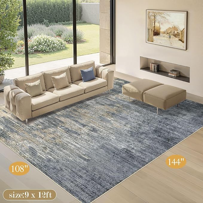 9x12 Area Rugs for Living Room - Washable Living Room Rug 9x12, Large Abstract Modern Neutral Soft Carpet with Non-Slip Backing, Stain Resistant for Bedroom Dining Indoor Decor (Blue Gold)