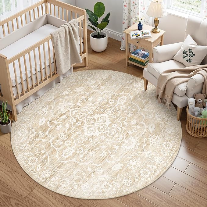 Soalmost Washable Round Rug 6ft for Living Room, Soft Circle Area Rug Beige | Vintage Floral Ultra-Thin Non-Slip Rugs, 6x6 Round Throw Carpet for Entryway Nursery Bedroom Kitchen Dining Room 6'Round