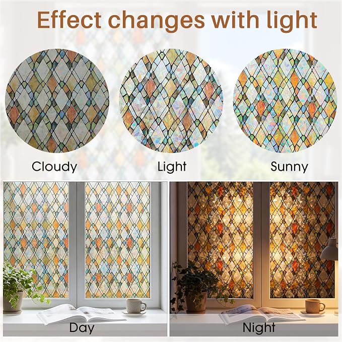 Window Privacy Film, Stained Glass Static Cling Rainbow Stickers 17.5" x 78.7"Decorative Lattice Window Film Removable with Tools, UV Block Heat Control 3D Vinyl Covering Non-Adhesive for Home Door