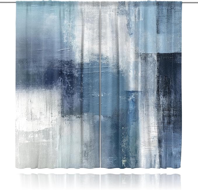 MESHELLY Abstract Navy Blue Curtains 42W x 63H Inch Rod Pocket Grey Art Painting Modern Contemporary Watercolor Cool Oil Print Living Room Bedroom Window Drapes Fabric 2 Panel