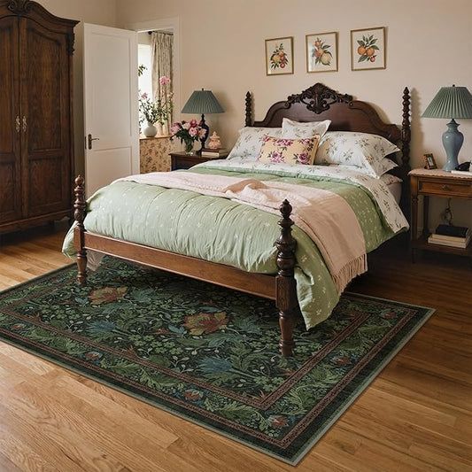 Bavni 5x7 Area Rugs for Living Room, Microfiber Machine Washable Non-Slip Vintage Floral Rug, Low Pile Lightweight Carpet for Bedroom, Dining Room, Home Office, Dark Green