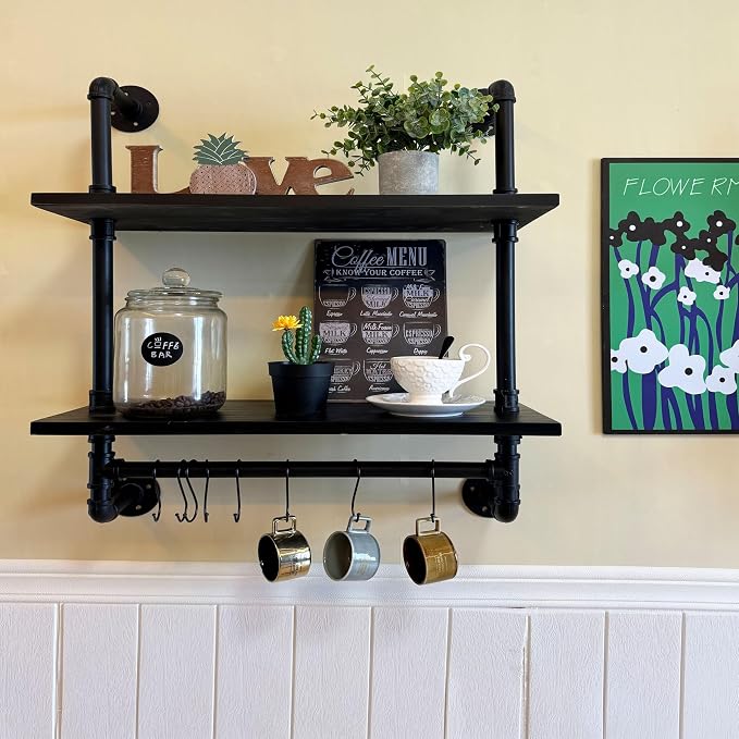 Industrial Pipe Bathroom Shelves Shelving 24" Black Floating Shelves | For Bathroom with Towel Bar Hooks,Kitchen Wall Mounted Shelves Coffee Bar Shelf for Living Room Bedroom
