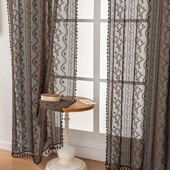 WAZZIO Boho Lace Curtains 2 Panels 63 Inch -Victorian Sheer Panel Drape French Country Floral Pattern & Tassel Light Filtering Privacy for Bedroom Dining Living Room,Rustic Style,Brown,W52x L63