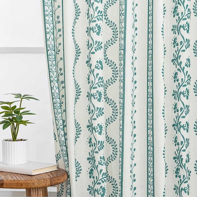 Teal Bohemian Floral Curtains for Living Room, Boho Linen Sheer Curtains for Bedroom 63 Inches Long