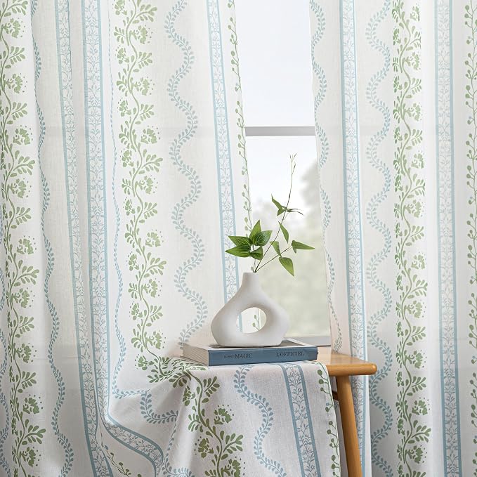 White and Blue Floral Sheer Curtains 63 Inch Length for Bedroom,Botanical Cottage Style Pattern Linen Romantic Grandmillennial Unique Curtains for Girls Room Living Room 2 Panels Set
