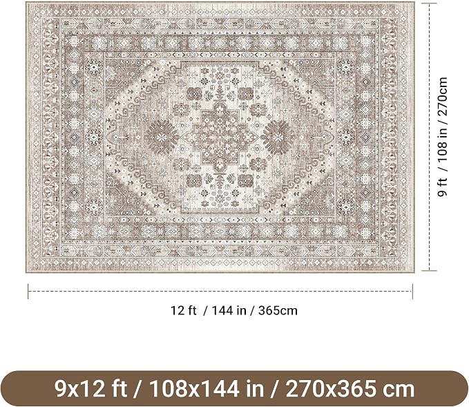 befbee 9x12 Area Rug,Ultra-Thin Washable Rugs for Living Room,Non-Slip Lightweight Foldable Area Rug,Stain Resistant Vintage Large Rugs (Brown/Beige,9'x12')