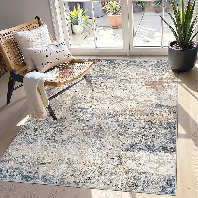 Art&Tuft Washable Rugs 3x5, Anti-Slip Backing Abstract 3x5 Area Rug, Stain Resistant Rugs for Living Room, Foldable Machine Washable Area Rug (3'x5', Blue)
