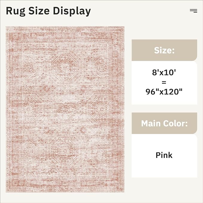 Soalmost Washable Area Rug 8x10, Large Soft Rugs for Living Room Vintage Area Rugs for Bedroom Dining Room Non-Slip Stain Resistant Pink Under Table Rug