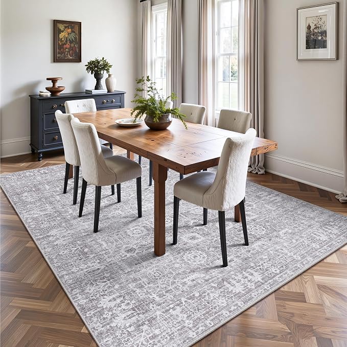 5x7 Area Rugs, Washable Vintage Retro Floral Rug for Living Room, Low Pile Non Slip Distressed Large Carpet for Bedroom, Dining Room, Office, Home (Vintage Purple Grey)