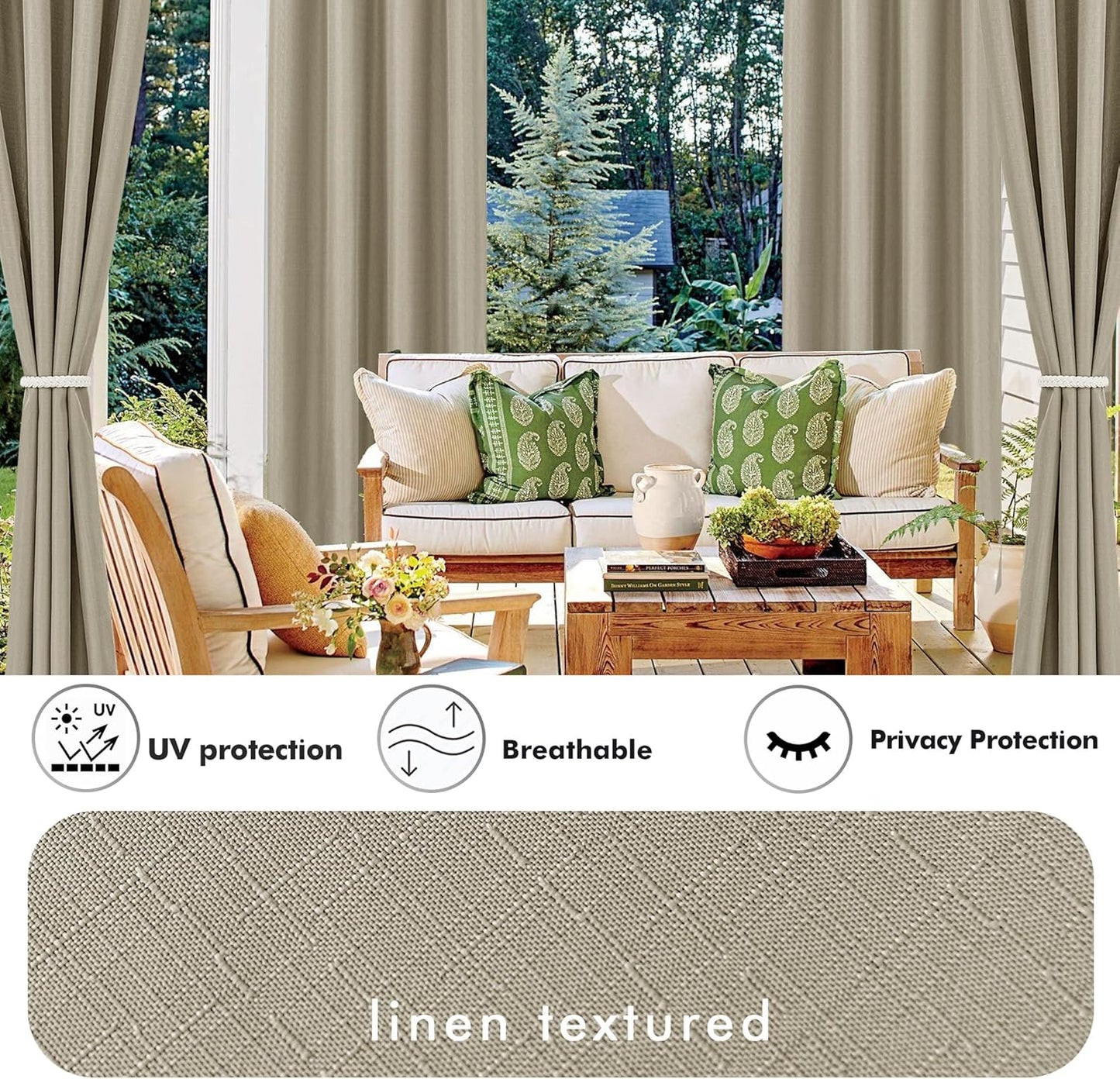 HolidayIdeas 6 Panels Linen Outdoor Curtains for Patio Waterproof Taupe Outside Curtains 54"x95"-Indoor/Outdoor Gazebo Curtains Weighted Weatherproof, Privacy for Pergola, Porch, Cabana, Backyard