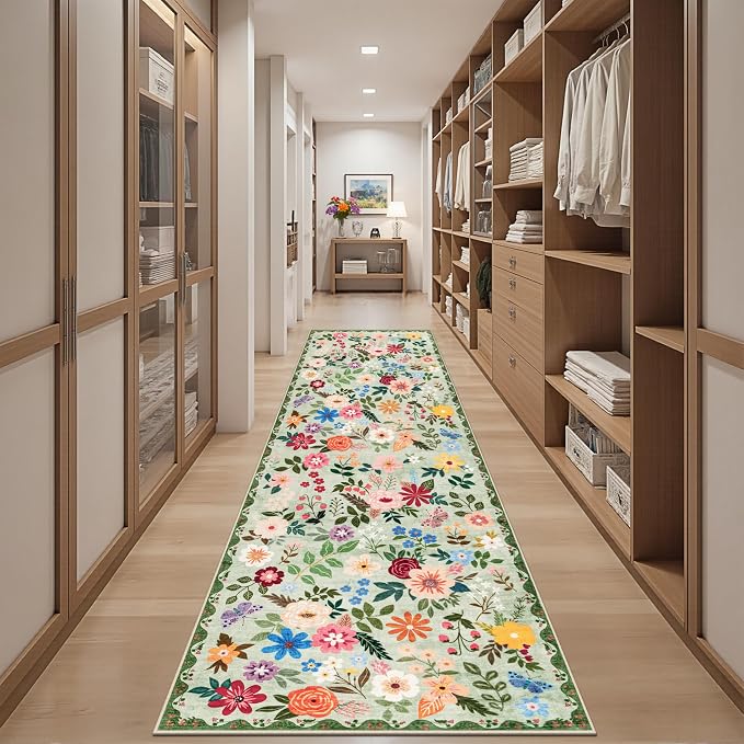 Runner Rug for Entryway: 3x10 Kitchen Rugs Non Slip Washable Ultra-Thin Soft Floral Carpet Indoor Floor Stain Resistant Carpets for Hallway Bedroom Kitchen Laundry Bathroom Dorm Green
