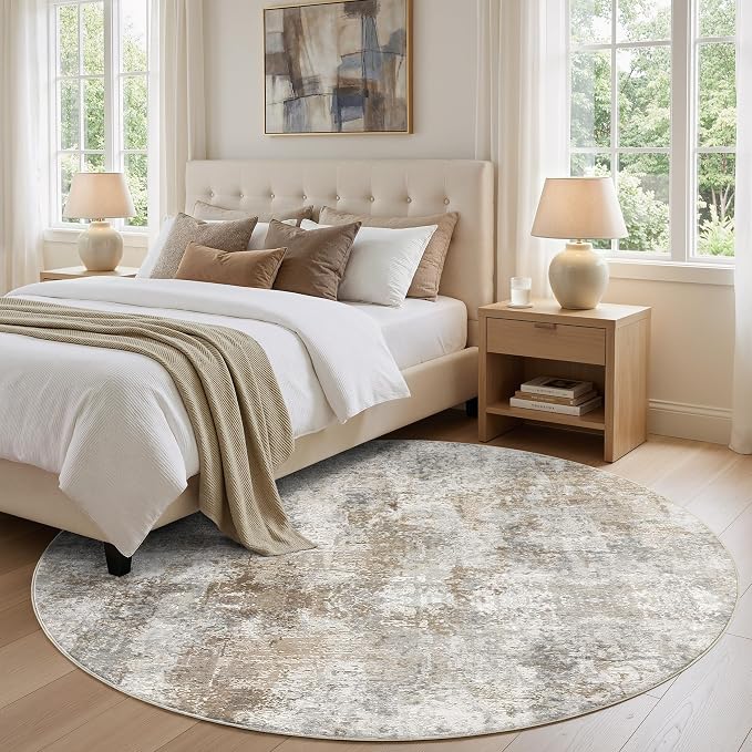 WITSHOCK Area Rugs 6ft Round Living Room Rug - Washable Neutral Soft Low Pile Non-Slip Modern Abstract Thin Large Indoor Carpet for Bedroom Dining Room Nursery Office - Light Brown Grey