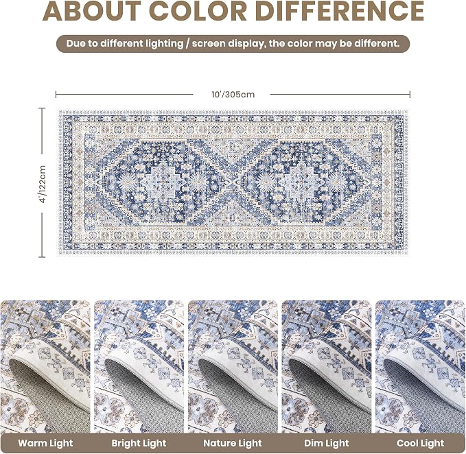zesthome 4x10 Runner Rug, Washable Hallway Runner Rug with Non-Slip Backing, Low Pile Wide Runner for Living Room, Entryway, Kitchen, Soft Modern Home Decor Mat for Dining Room(Blue/Beige,4'x10')