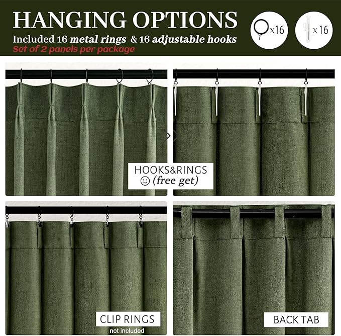 Custom Olive Green Pinch Pleated Drapes Linen Blend Light Filtering Curtains 86 Inches Long for Dining Room 2 Panels Set, Dark Academia Loden Memory Trained Sheer Curtain 84-86 Inch Length for Office