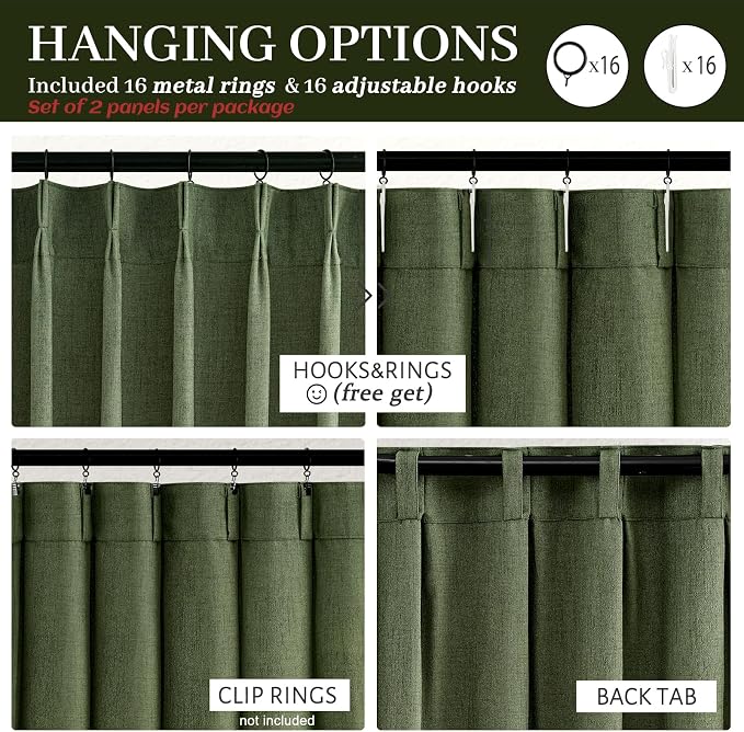 Dark Green Textured Linen Blend Curtains 102 Inches Long for Dining Room, Pinch Pleated Ceiling Track Sheer Curtains with Hooks Ring Light Filtering Drapes Olive Forest 40" W x 102" L Panels 2 Set
