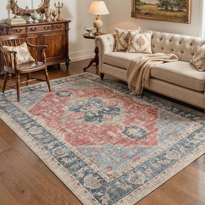 GENIMO 5x7 Floral Medallion Area Rug Machine Washable Non Slip Low Pile, Lightweight Print Pattern Rugs for Living Room Bedroom Dining Room, Dusty Red