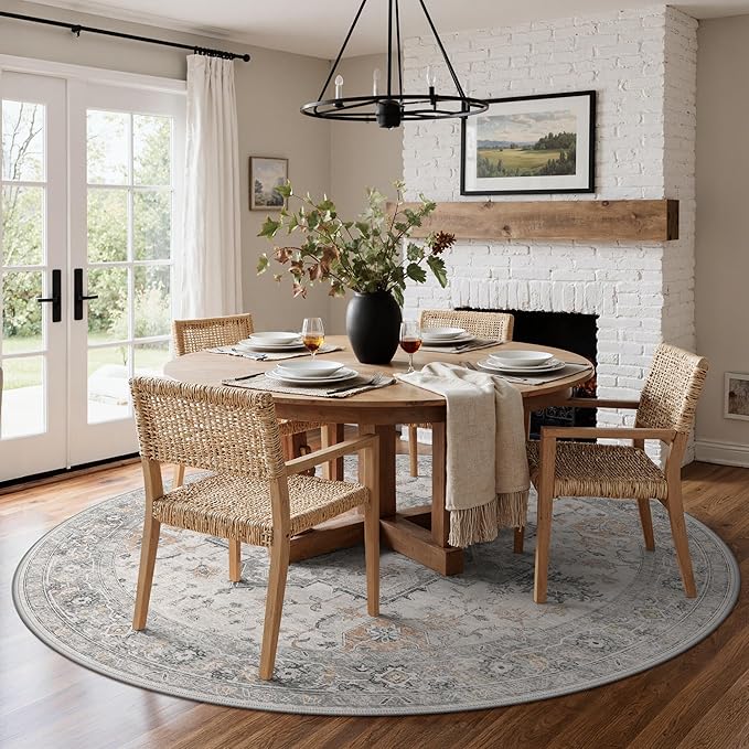 GENIMO 10FT Round Area Rugs for Living Room, Circle Rugs Machine Washable Low Pile, Chenille Non Slip Vintage Rug for Bedroom, Dining Room, Home Office, Light Taupe Brown