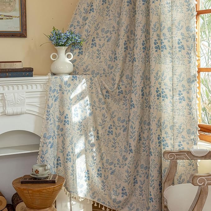 OYX Boho Blue Floral Curtains 63 Inch,Linen Farmhouse Leaf & Flower Drapes with Tassels, Light Filtering Semi Sheer Curtains for Living Room Bedroom, 2 Panels, Rod Pocket, 52Wx63L