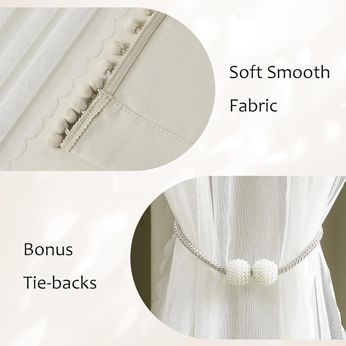 Pom-Pom Blackout Curtains with Sheer Overlay for Bedroom 84"L Ivory Mix and Match Double Layer Blackout Curtains for Living Room Nursery Kid's Room Drapes with Tiebacks Rod Pocket 52" W x2 Natural