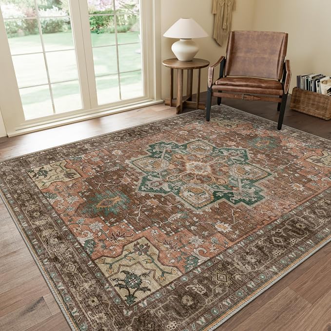 GENIMO 9x12 Area Rugs for Living Room, Non Slip Machine Washable Vintage Rugs, Low Pile Lightweight Print Large Rug for Bedroom, Dining Room, Home Office, Rosewood