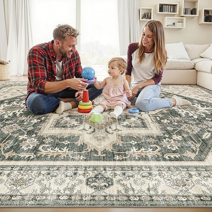 10x12 Area Rugs for Living Room - Large Carpet Ultra Thin Soft Washable Oriental Vintage Floral Distressed Rug Big Indoor Carpets for Bedroom Nursery Dorm Home Decor Aesthetic - Vintage Green