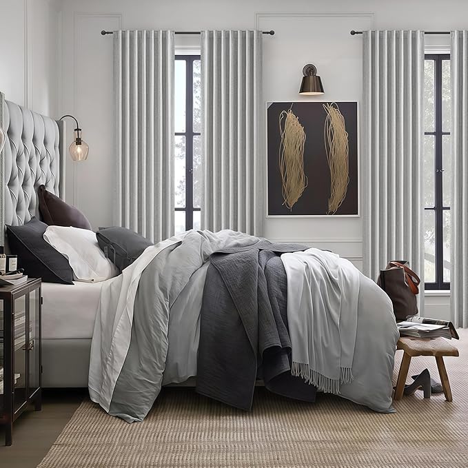 QJmydeco Grey Blackout Curtains 84 Inch Length 2 Panels Set for Bedroom, Modern Faux Linen Room Darkening Pleated Light Gray Burg with Rod Pocket Back Tab 84 Inch Insulated Curtain for Office Sunroom