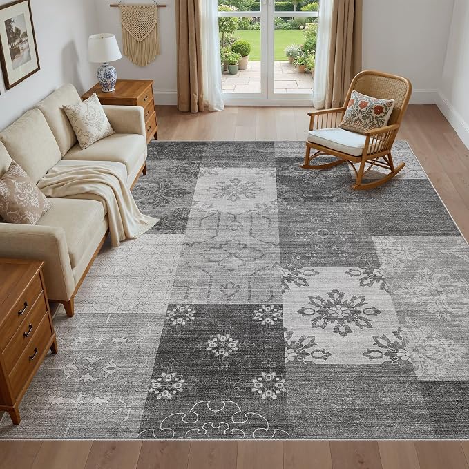 UERMEI 8x10 Area Rug for Living Room - Washable Vintage Carpet, Non-Slip Soft Large Indoor Floor Rugs for Bedroom Home Office & Under Dining Table Decor, Gray Block