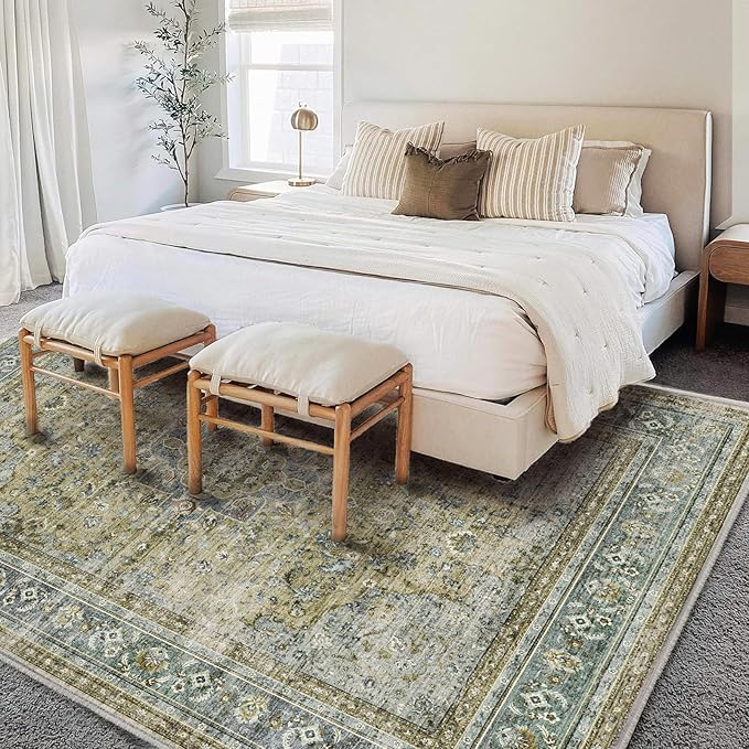 CHAMPLANT Area Rug 6'x9' Washable Vintage Traditional Floor Cover Thin Retro Kitchen Indoor Distressed Non Slip Carpet for Living Room Bedroom Dining Room