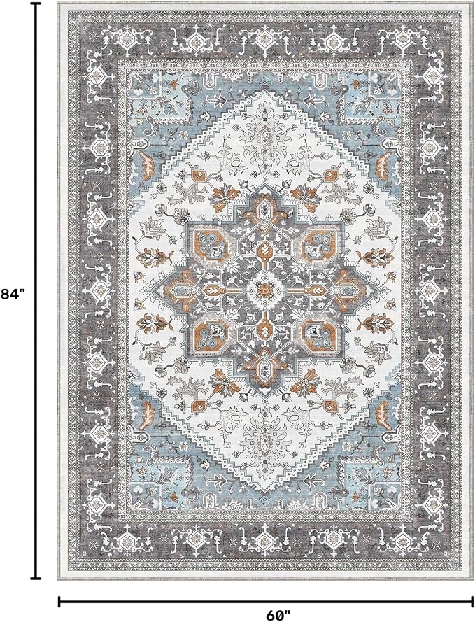 OPPODREAM Soft Area Rugs 5x7, 5x7 Washable Rug with Non Slip Backing, 5 x 7 Faux Cashmere Low-Pile Carpet, Grey & Teal & Yellow