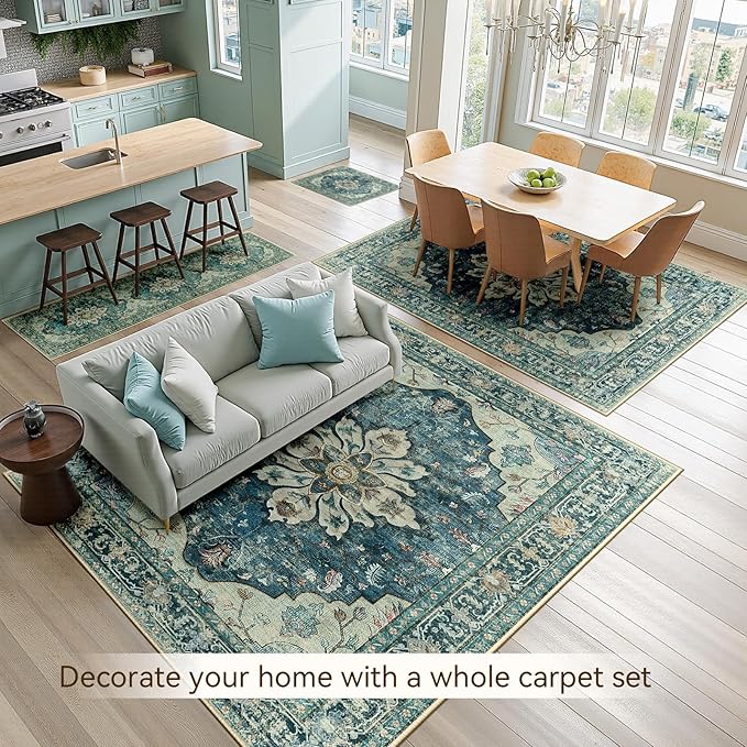 RELEANY Area Rugs 4'x6' Washable Non-Slip, Floral Vintage Distress Medallion Carpet for Living Room Bedroom Dining Room, Dark Blue Vintage