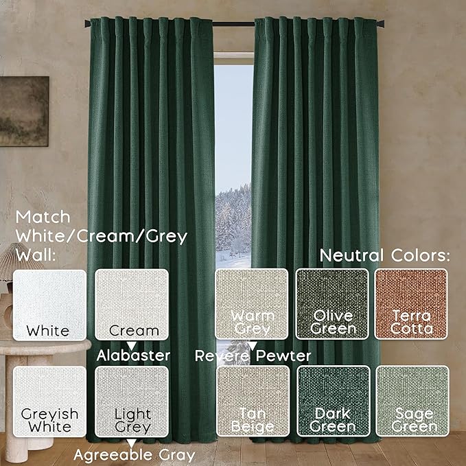 Dark Emerald Green Back Tab Blackout Curtains, Linen Textured Hunter Green Dark Academia Curtains for Bedroom Living Room, 2 Panels