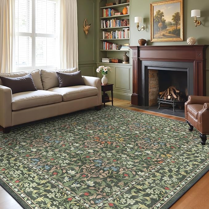 GENIMO 8x10 Washable Area Rugs for Living Room, Non Slip, Emerald Green | Vintage Boho Floral Low Pile Thin Carpet for Bedroom, Dining Room, Nursery, Indoor Decor