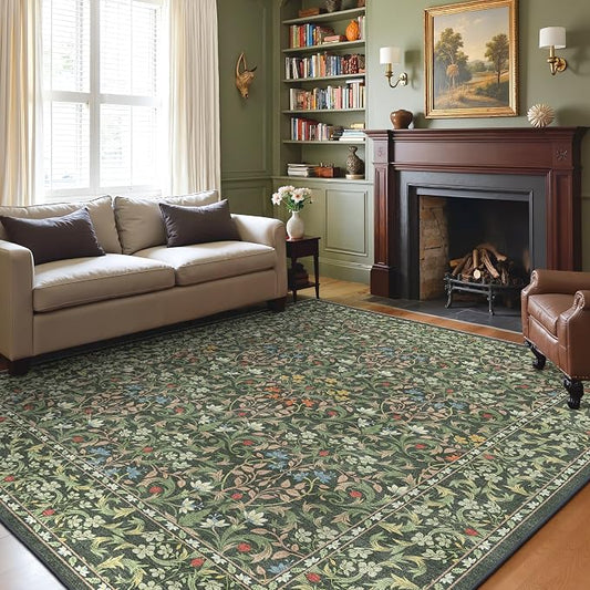 GENIMO 8x10 Washable Area Rugs for Living Room, Non Slip, Emerald Green | Vintage Boho Floral Low Pile Thin Carpet for Bedroom, Dining Room, Nursery, Indoor Decor