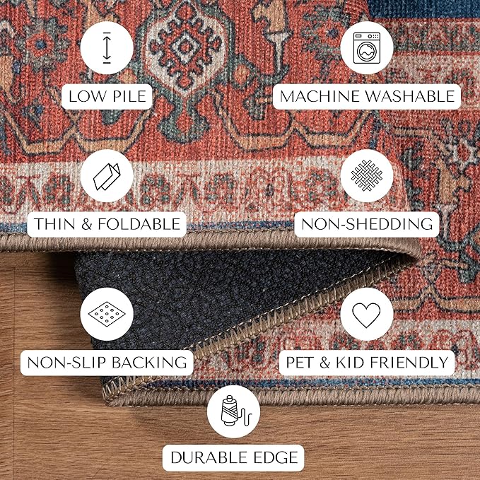 Navy Blue Brick Oushak Large Area Rug 8x10 - Washable Boho Rug Vintage Turkish Non-Slip Carpet Non-Shedding Extra Large Area Rugs for Living Room, Dining, Bedroom, Lounge, Farmhouse