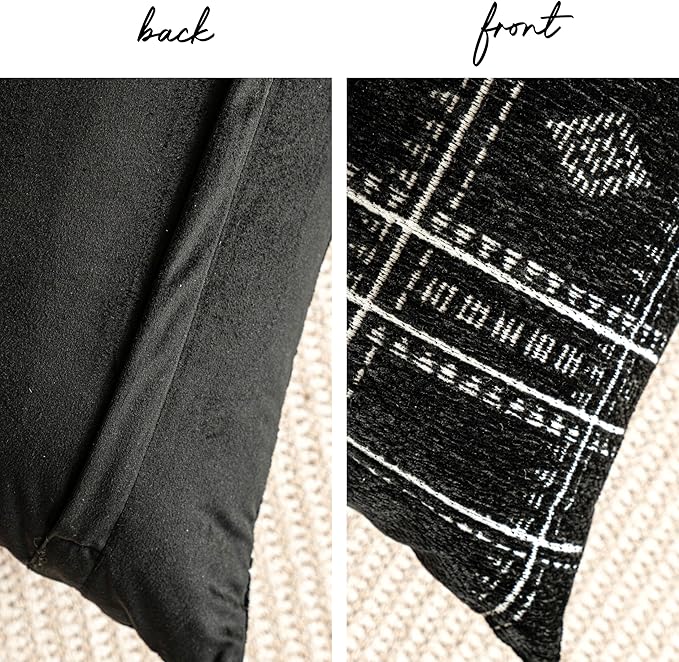 BlissBlush Decorative Throw Pillow Covers 20x20 Set of 2, Boho Textured Chenille Accent Throw Pillow Covers for Couch Sofa Bed Living Room Home Décor, Black (Cover Only)