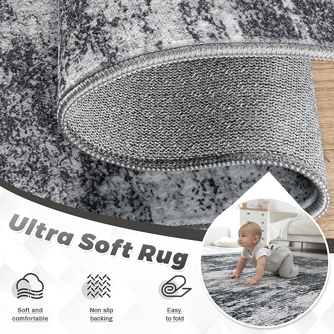 pmtsns Area Rugs 9x12 for Living Room: Washable Rug Modern Abstract Neutral Soft Non-Slip Low-Pile Indoor Large Carpet for Bedroom Dining Room Playroom Home Office (Black Grey, 9'x12')