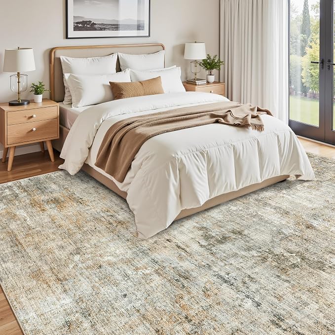 Soalmost 9x12 Area Rugs for Living Room, Non-Slip Machine Washable Vintage Rugs, Abstract Low Pile Lightweight Large Rug for Bedroom, Dining Room, Home Office Orange