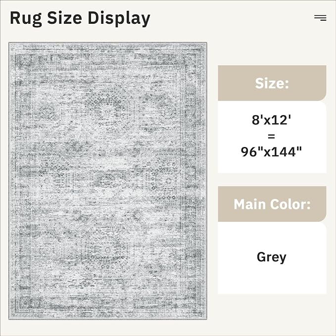 Soalmost Washable Area Rug 8x12, Large Soft Rugs for Living Room Vintage Grey Carpet 8x12 Area Rugs for Bedroom Dining Room Non-Slip Stain Resistant Under Table Rug