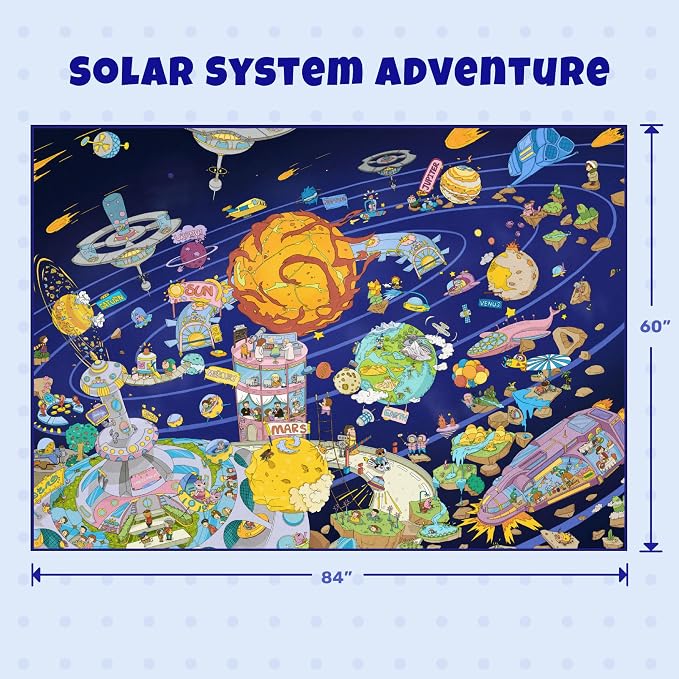 Outer Space Adventure 5x7 Kids Rug – Vibrant Galaxy Scene with Planets, Astronauts, Spaceships & Fun Details – Perfect Playroom or Bedroom Carpet for Learning & Imagination