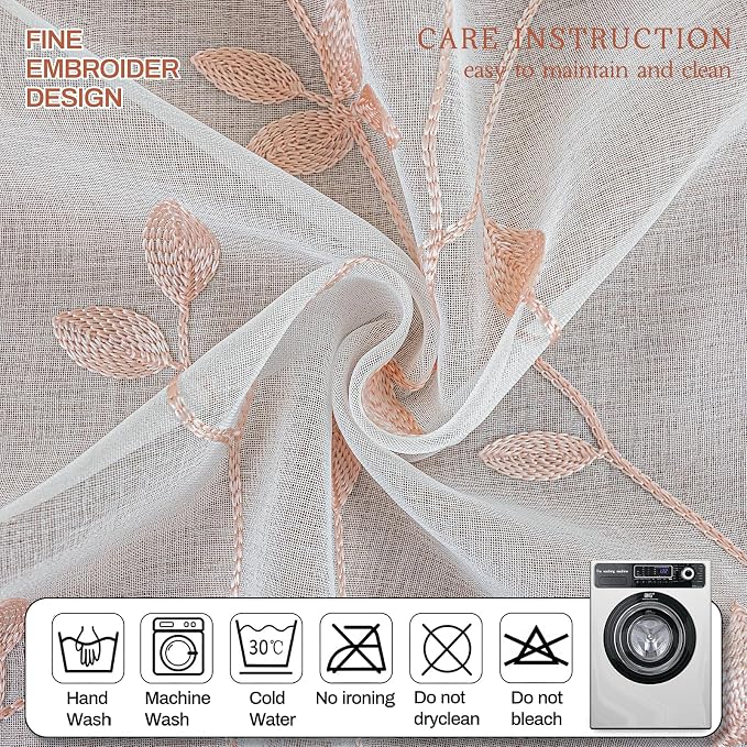 AmHoo 2 Panels Embroidered Leaf Pattern Semi Sheer Curtains Foliage Floral Voile Window Draperies Treatment for Bedroom Living Room Rod Pocket White Pink 53 x 95 Inch