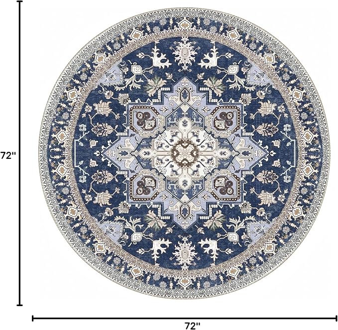 OPPODREAM Soft Round Rug 6ft, Washable Circle Rug 6ft with Non Slip Backing Play Room, Low-Pile Carpet 6 ft, Faux Cashmere Throw Carpet, Navy Blue & Gold